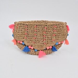 Lilly Pulitzer Clam Shell‎ Clutch Raffia Straw Pom Pom Tassel Boho Beach Summer